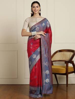 Blue woven design zari kanjeevaram saree with unstitched blouse 1