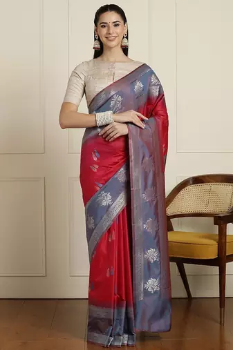 Blue woven design zari kanjeevaram saree with unstitched blouse