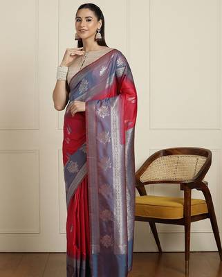 Blue woven design zari kanjeevaram saree with unstitched blouse 2