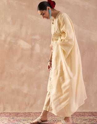Beige embroidered pure cotton kurta trouser dupatta set 3