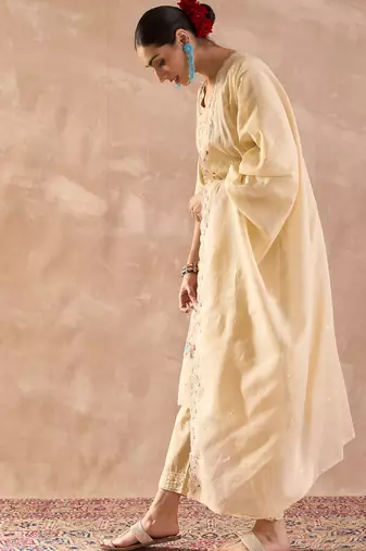 Beige embroidered pure cotton kurta trouser dupatta set