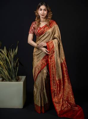 Beige satin woven saree with blouse 1