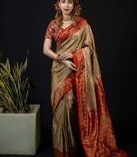 Beige satin woven saree with blouse