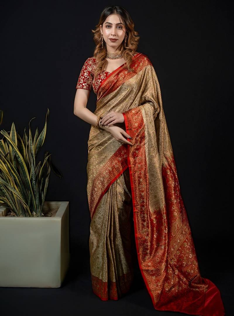 Beige satin woven saree with blouse
