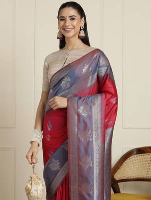 Blue woven design zari kanjeevaram saree with unstitched blouse 4