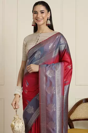 Blue woven design zari kanjeevaram saree with unstitched blouse