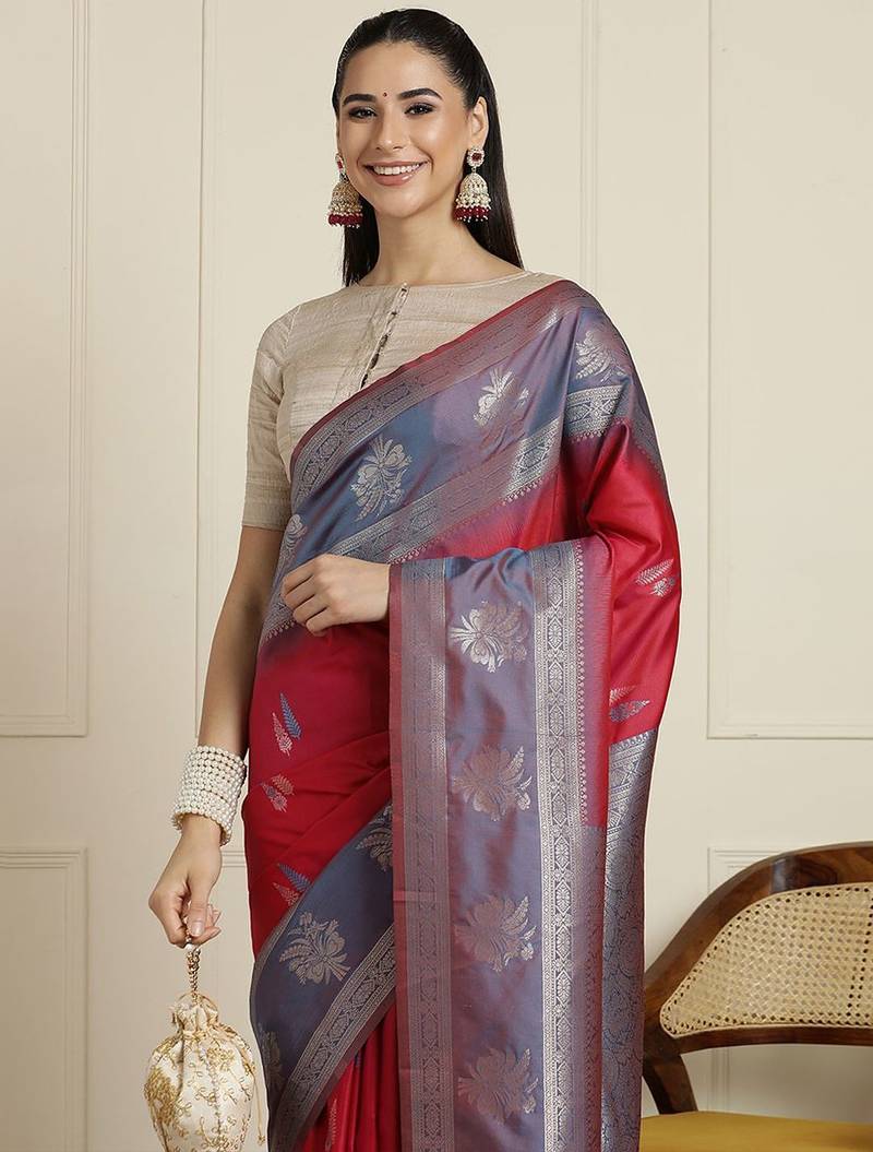 Blue woven design zari kanjeevaram saree with unstitched blouse