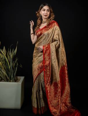 Beige satin woven saree with blouse 2