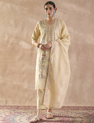Beige embroidered pure cotton kurta trouser dupatta set 4
