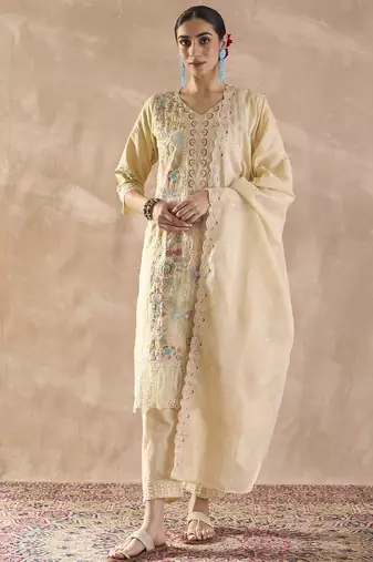 Beige embroidered pure cotton kurta trouser dupatta set