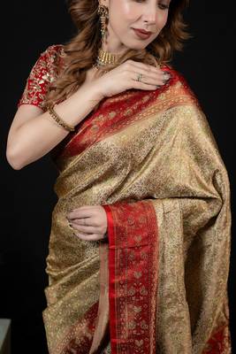 Beige satin woven saree with blouse 3
