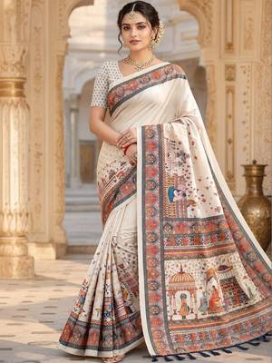 Off white kalamkari silk blend saree 1