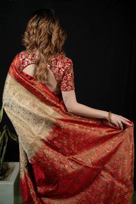 Beige satin woven saree with blouse 4