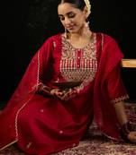 Red embroidered liva kurta trouser dupatta set