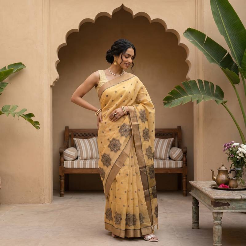 Gold tussar woven saree with blouse