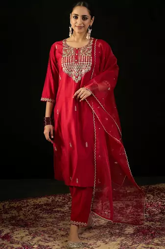 Red embroidered liva kurta trouser dupatta set