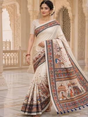 Off white kalamkari silk blend saree 5