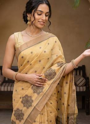 Gold tussar woven saree with blouse 4