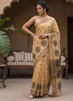 Gold tussar woven saree with blouse 5