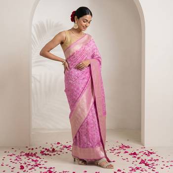 Pink khadi woven saree with blouse 1