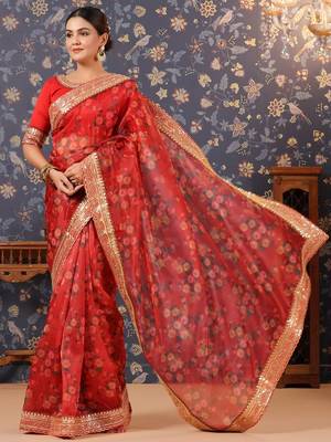 Red floral printed organza sarees 1