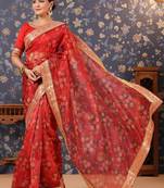 Red floral printed organza sarees