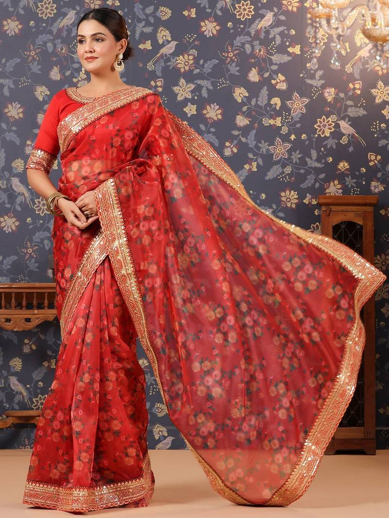 Red floral printed organza sarees