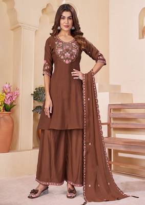 Embroidered chanderi anarkali kurta with pant & dupatta set for women 1