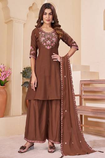 Embroidered chanderi anarkali kurta with pant & dupatta set for women