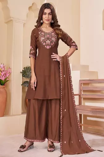 Embroidered chanderi anarkali kurta with pant & dupatta set for women