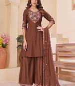 Embroidered chanderi anarkali kurta with pant & dupatta set for women