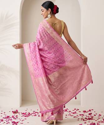 Pink khadi woven saree with blouse 2