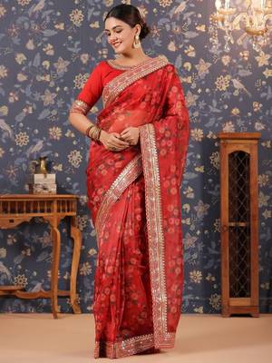 Red floral printed organza sarees 2