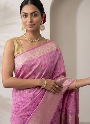 Pink khadi woven saree with blouse 3