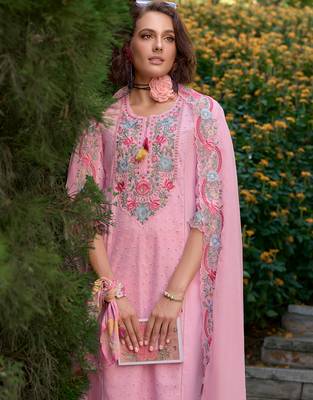 Pink embroidered pure cotton kurta trouser dupatta set 1