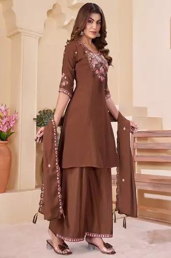 Embroidered chanderi anarkali kurta with pant & dupatta set for women
