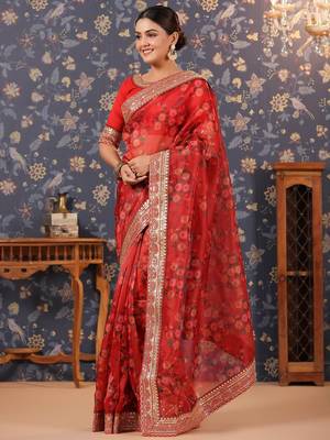 Red floral printed organza sarees 3
