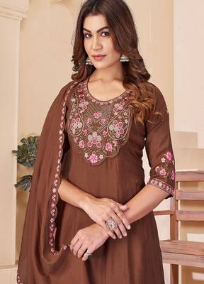 Embroidered chanderi anarkali kurta with pant & dupatta set for women 4