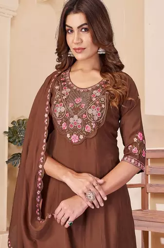 Embroidered chanderi anarkali kurta with pant & dupatta set for women