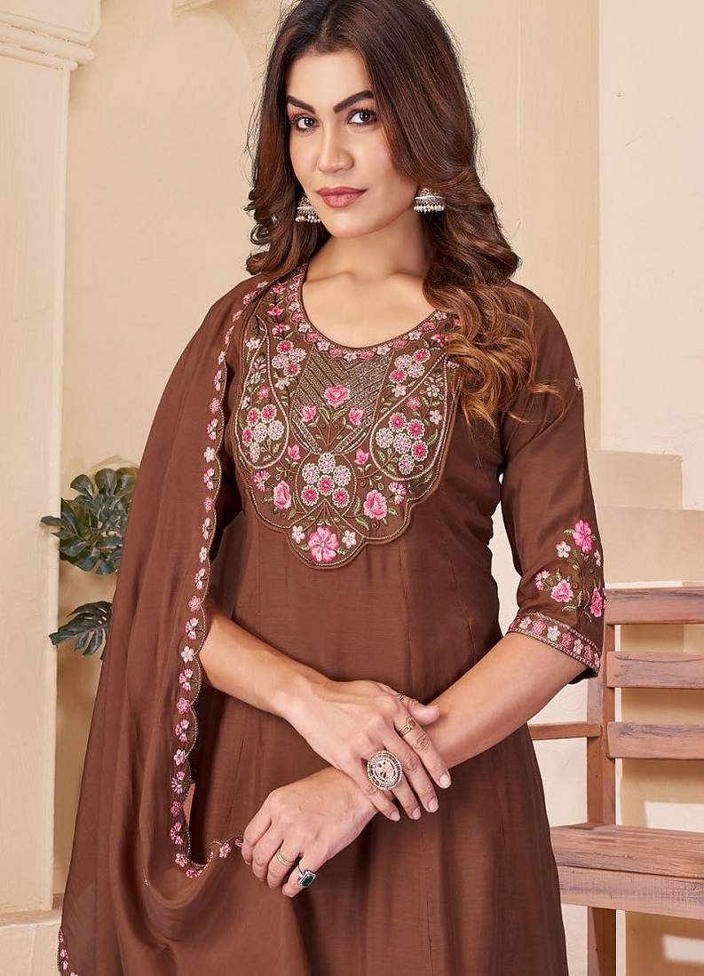 Embroidered chanderi anarkali kurta with pant & dupatta set for women