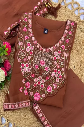 Embroidered chanderi anarkali kurta with pant & dupatta set for women
