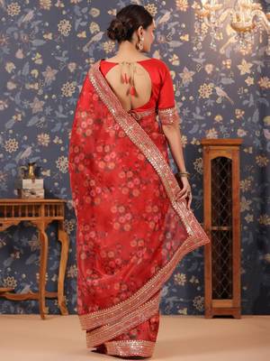 Red floral printed organza sarees 4