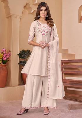 Embroidered chanderi anarkali kurta with pant & dupatta set for women 1