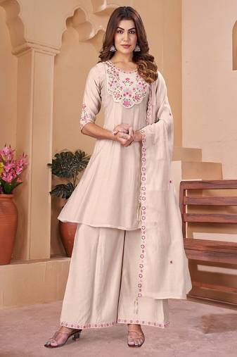 Embroidered chanderi anarkali kurta with pant & dupatta set for women