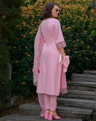 Pink embroidered pure cotton kurta trouser dupatta set 2