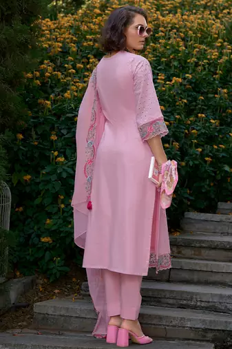 Pink embroidered pure cotton kurta trouser dupatta set
