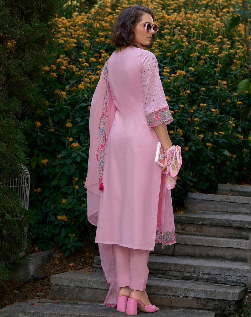 Pink embroidered pure cotton kurta trouser dupatta set