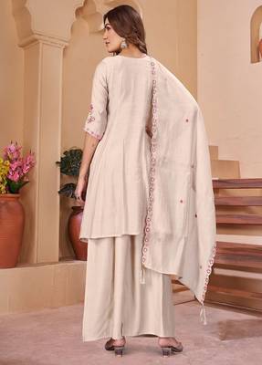 Embroidered chanderi anarkali kurta with pant & dupatta set for women 2