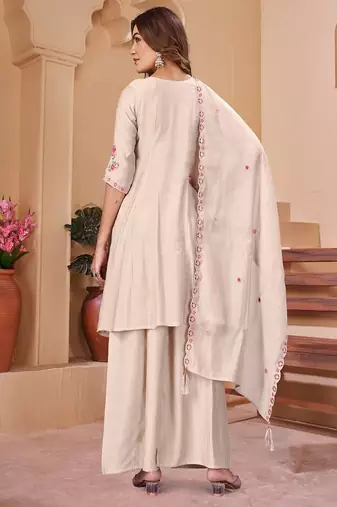 Embroidered chanderi anarkali kurta with pant & dupatta set for women