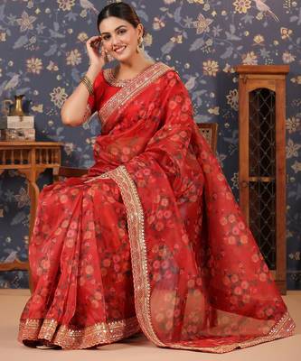 Red floral printed organza sarees 5